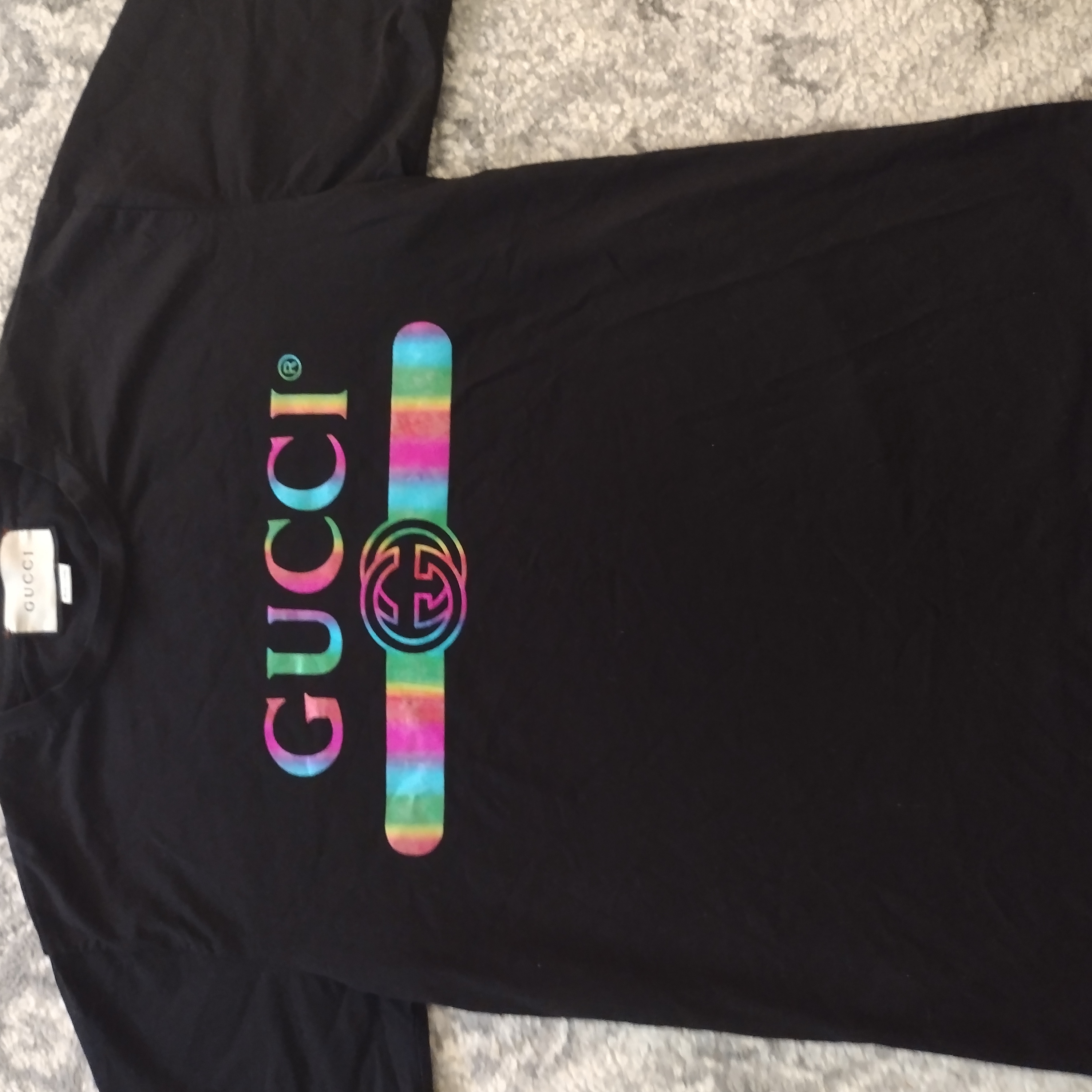 Rare Gucci Black T-Shirt With Holographic Rainbow Logo